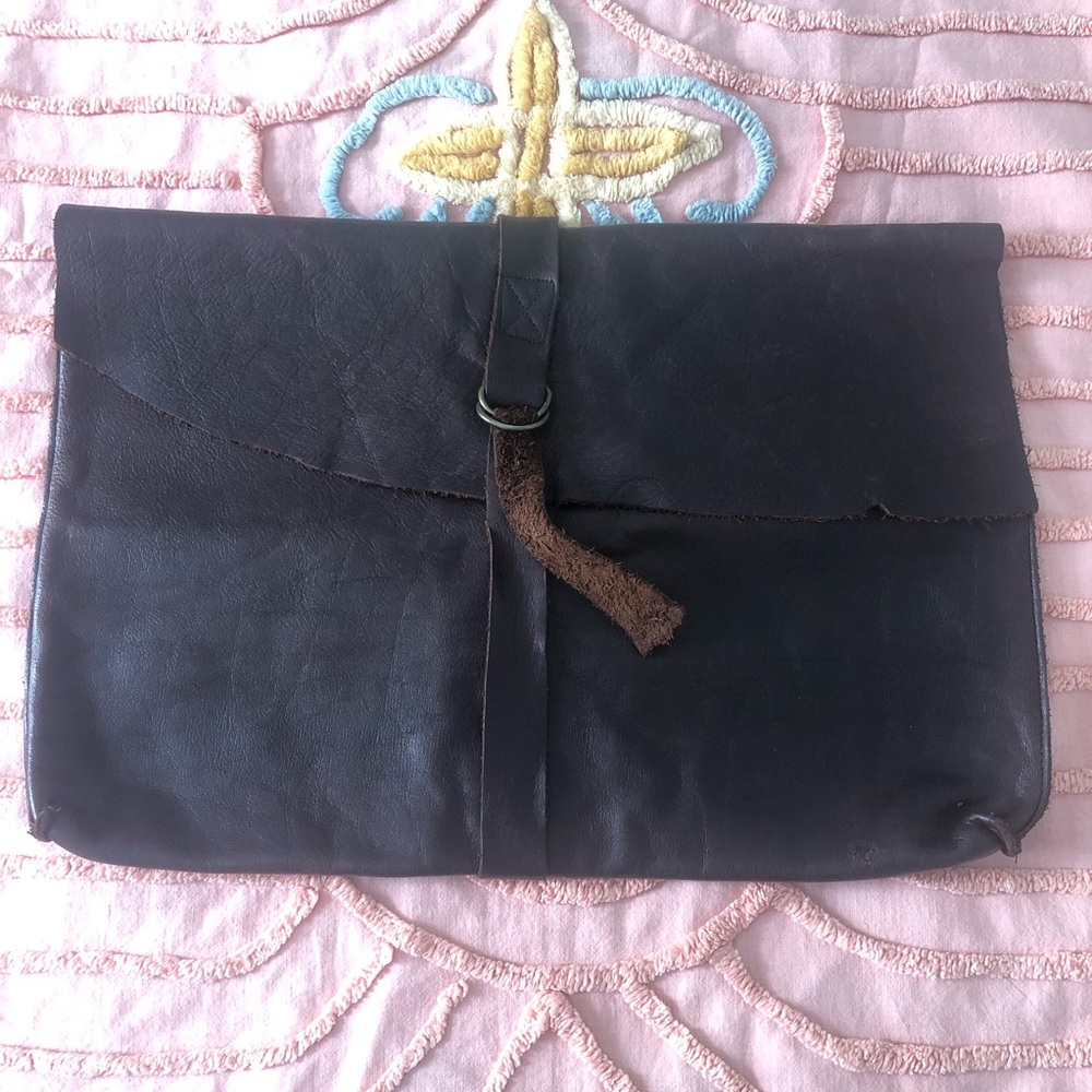 Handmade OOAK Dark Brown Leather Fold-Over Clutch Laptop bag
